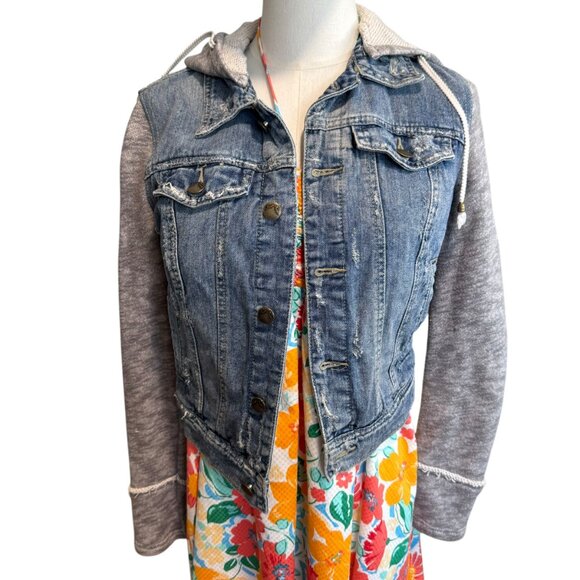 Free People Blue Hood Distressed Denim/Knit Jean Jacket. Size: XS/P - Picture 1 of 7